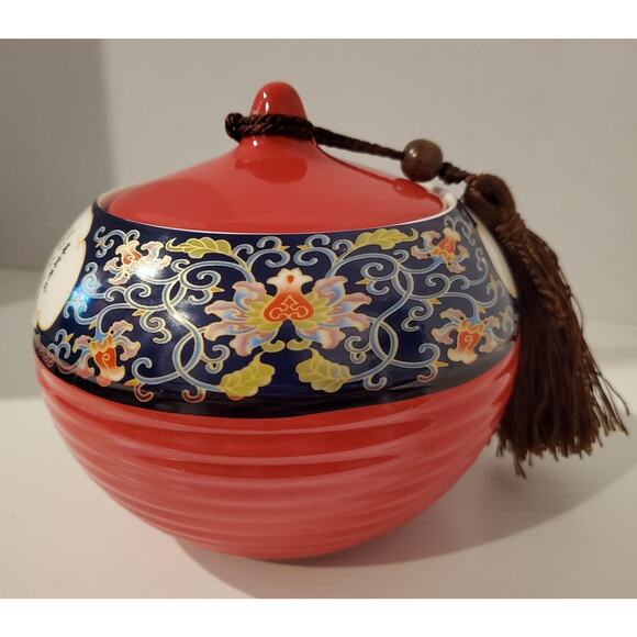 Red And Blue Decorative Urn With Suctioned On Lid With Tassle - Picture 5 of 10